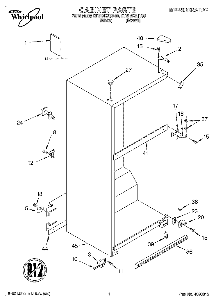 CABINET, LITERATURE Diagram and Parts List for ET21NKXJT00  Whirlpool Refrigerator