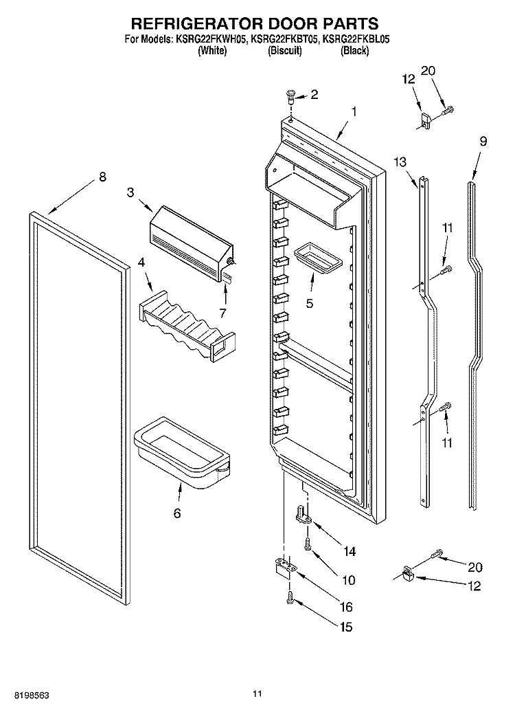 REFRIGERATOR DOOR PARTS Diagram and Parts List for KSRG22FKBL05  KitchenAid Refrigerator