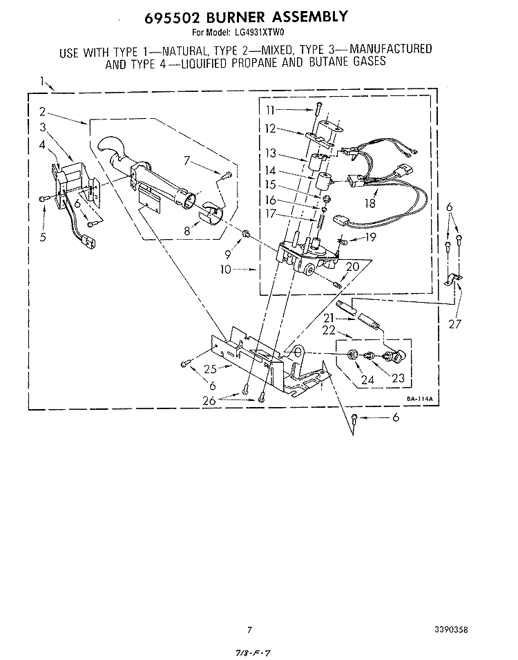 695502 BURNER Diagram and Parts List for LG4931XTW0  Whirlpool Dryer