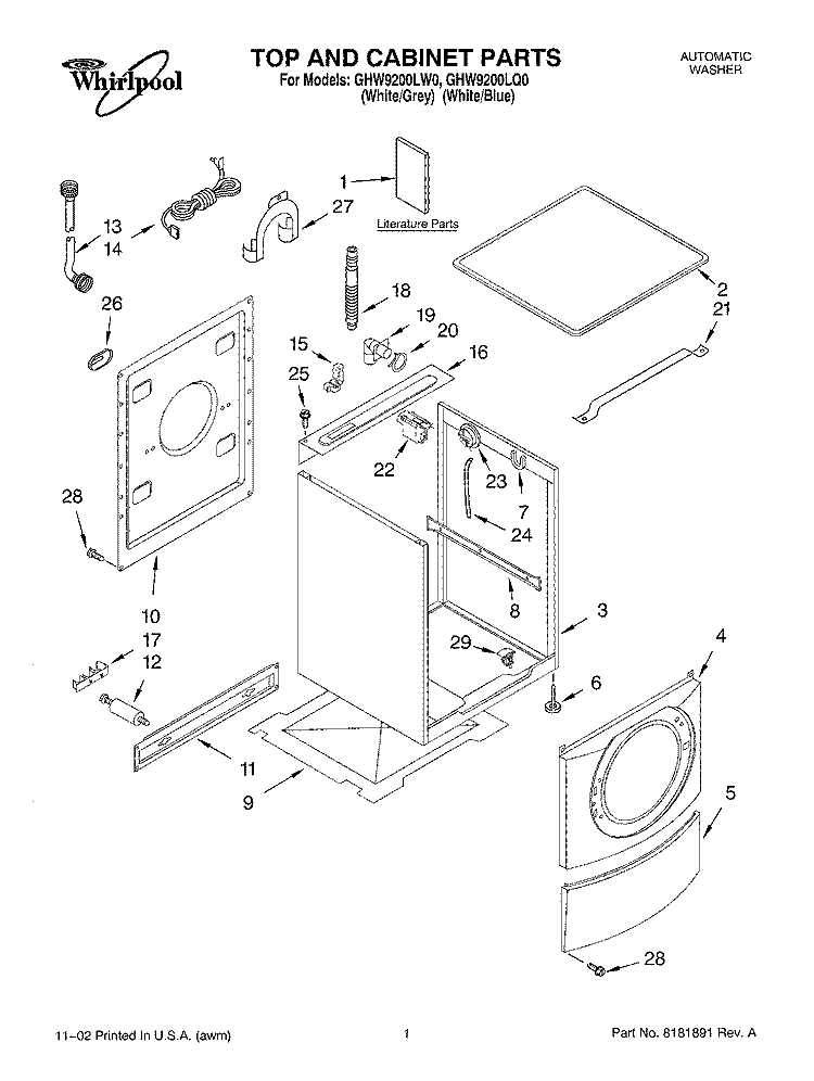TOP AND CABINET, LITERATURE Diagram and Parts List for GHW9200LQ0  Whirlpool Washer