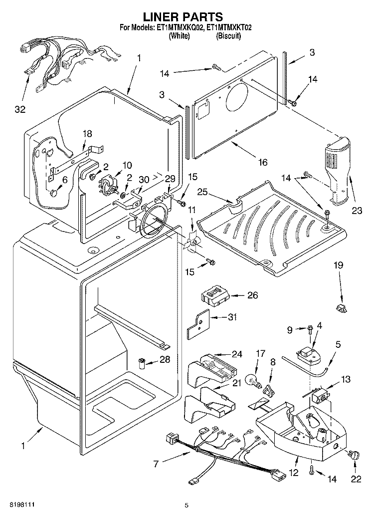 LINER Diagram and Parts List for ET1MTMXKQ02  Whirlpool Refrigerator