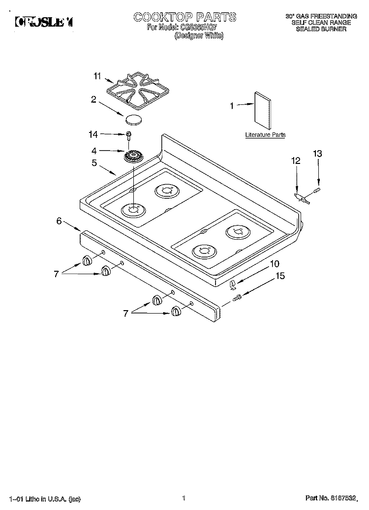 COOKTOP, LITERATURE Diagram and Parts List for CGS365HQ7  Crosley Range