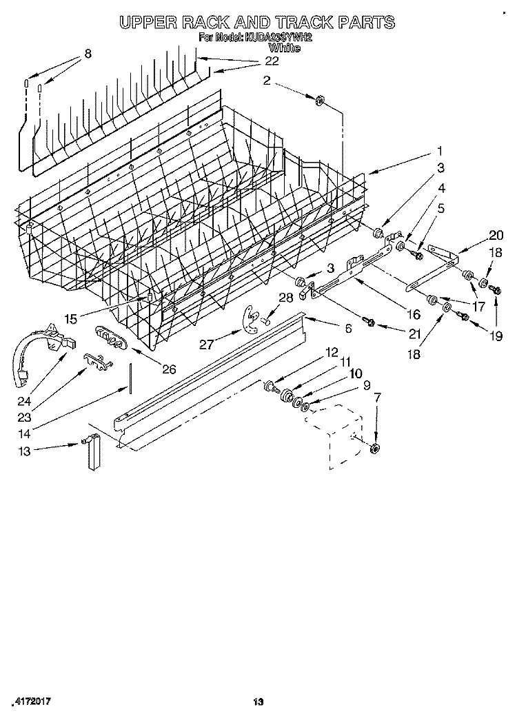 UPPER RACK AND TRACK Diagram and Parts List for KUDA23SYWH2  KitchenAid Dishwasher