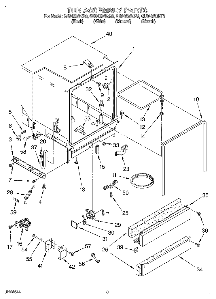 TUB ASSEMBLY Diagram and Parts List for GU940SCGB3  Whirlpool Dishwasher