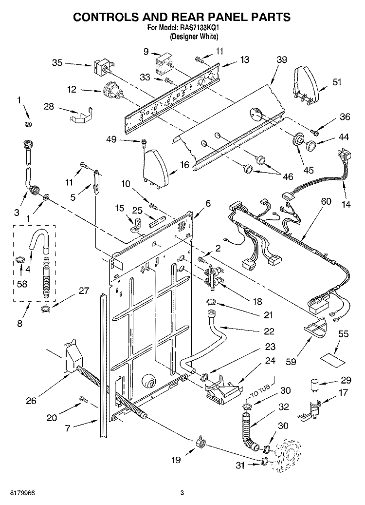 CONTROLS AND REAR PANEL PARTS Diagram and Parts List for RAS7133KQ1  Roper Washer