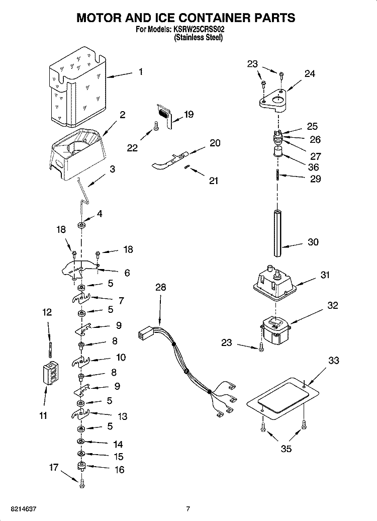 MOTOR AND ICE CONTAINER PARTS Diagram and Parts List for KSRW25CRSS02  KitchenAid Refrigerator