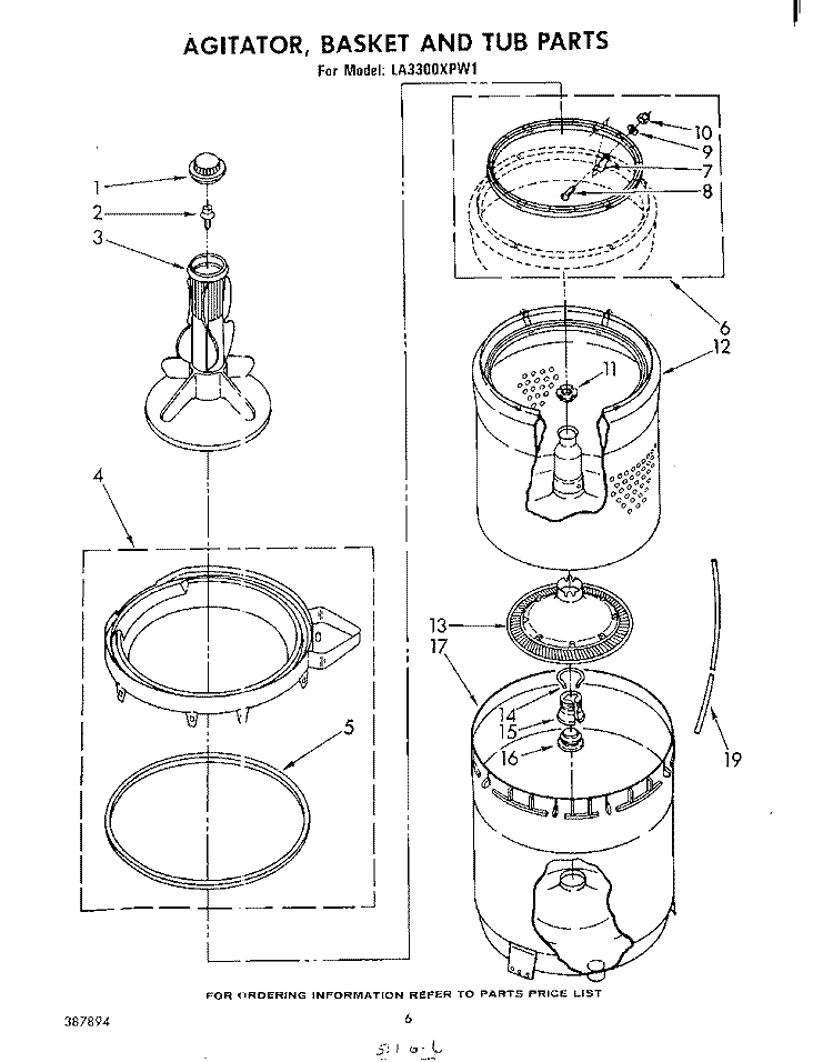 AGITATOR, BASKET AND TUB Diagram and Parts List for LA3300XPW1  Whirlpool Washer
