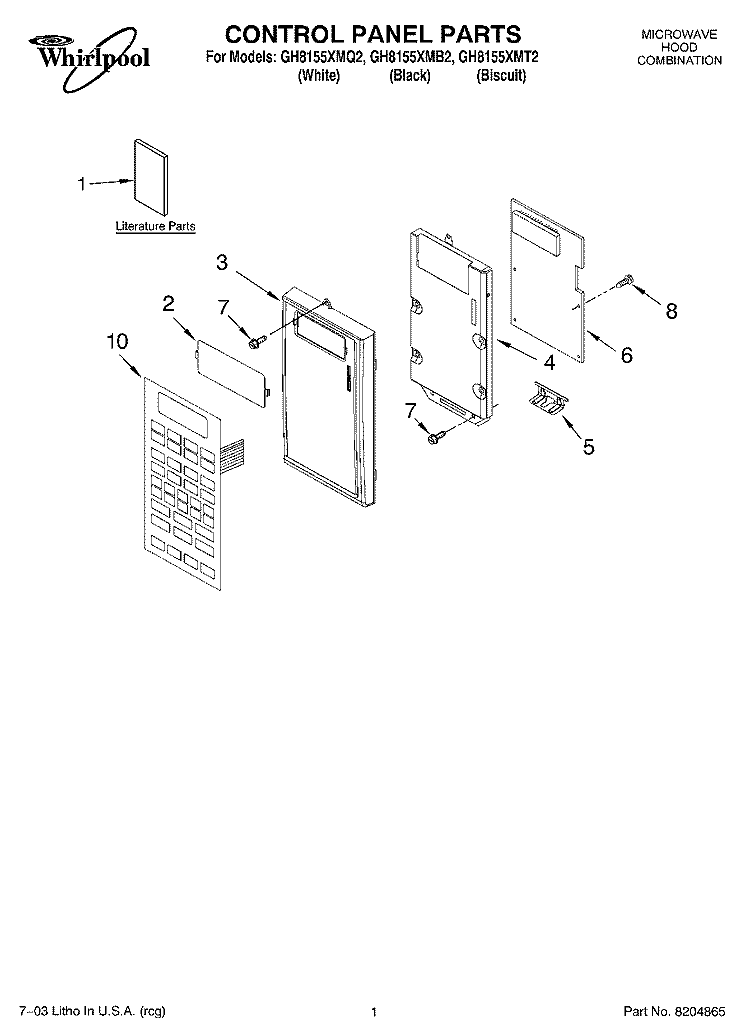 CONTROL PANEL PARTS Diagram and Parts List for GH8155XMB2  Whirlpool Microwave