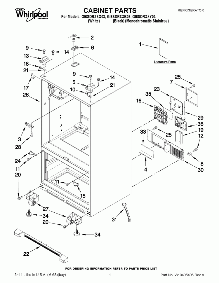 CABINET PARTS Diagram and Parts List for GI6SDRXXQ03  Whirlpool Refrigerator