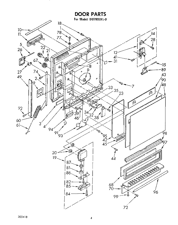 DOOR Diagram and Parts List for DU7903XL0  Whirlpool Dishwasher