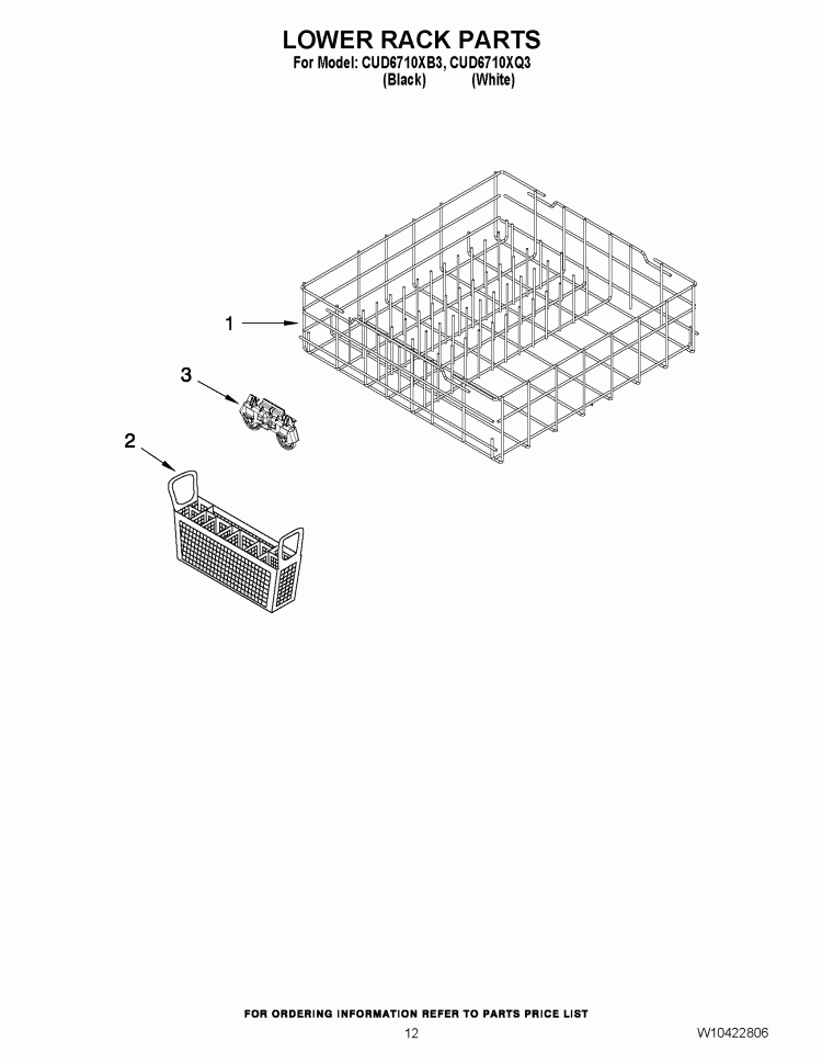LOWER RACK PARTS Diagram and Parts List for CUD6710XB3  Whirlpool Dishwasher