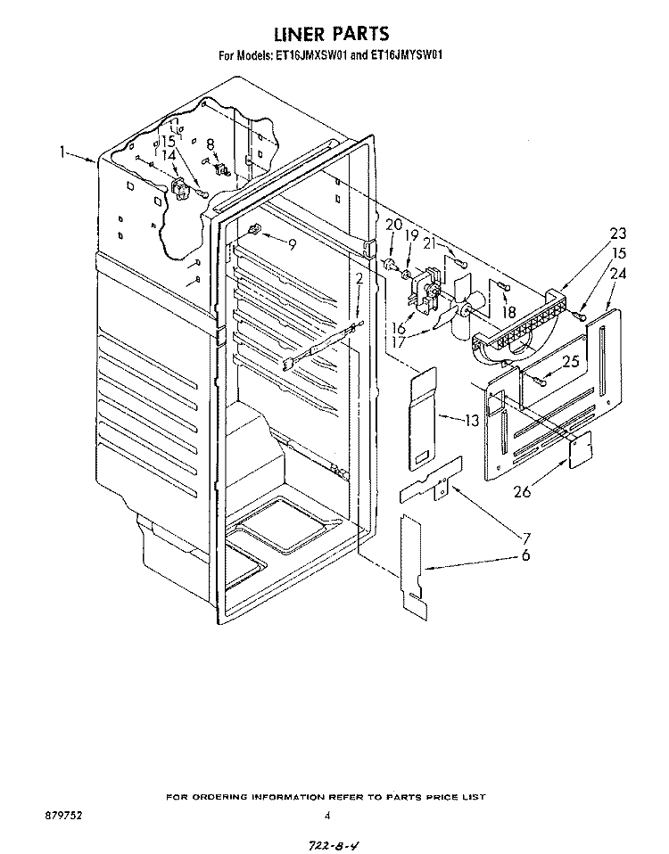 LINER Diagram and Parts List for ET16JMYSN01  Whirlpool Refrigerator