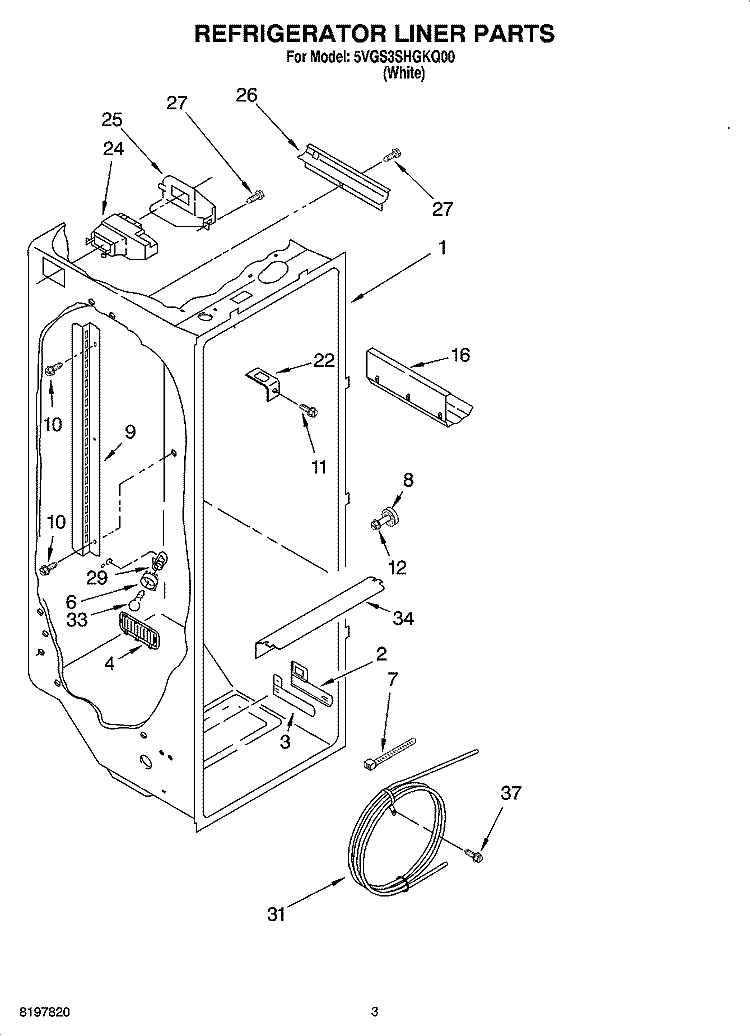 REFRIGERATOR LINER PARTS Diagram and Parts List for 5VGS3SHGKQ00  Whirlpool Refrigerator