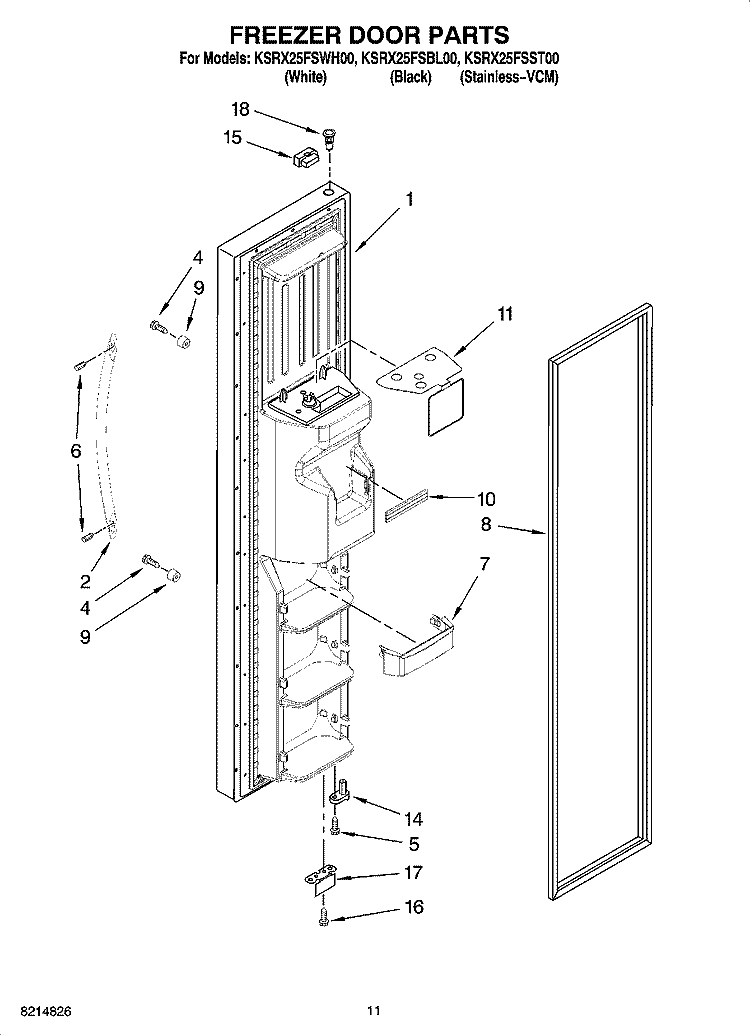 FREEZER DOOR PARTS Diagram and Parts List for KSRX25FSST00  KitchenAid Refrigerator
