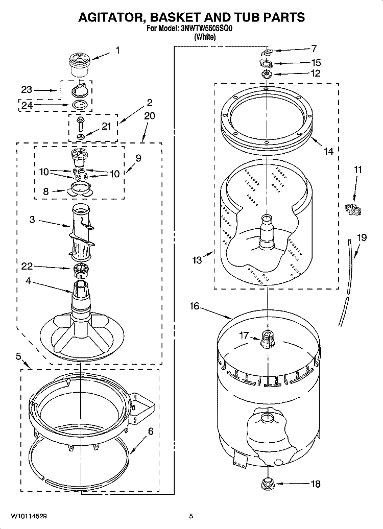 AGITATOR, BASKET AND TUB PARTS Diagram and Parts List for 3NWTW5505SQ0  Whirlpool Washer
