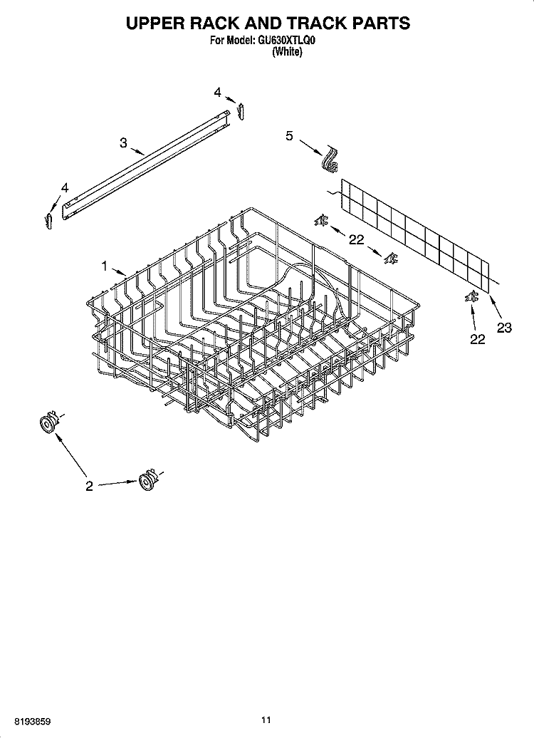UPPER RACK AND TRACK PARTS Diagram and Parts List for GU630XTLQ0  Whirlpool Dishwasher