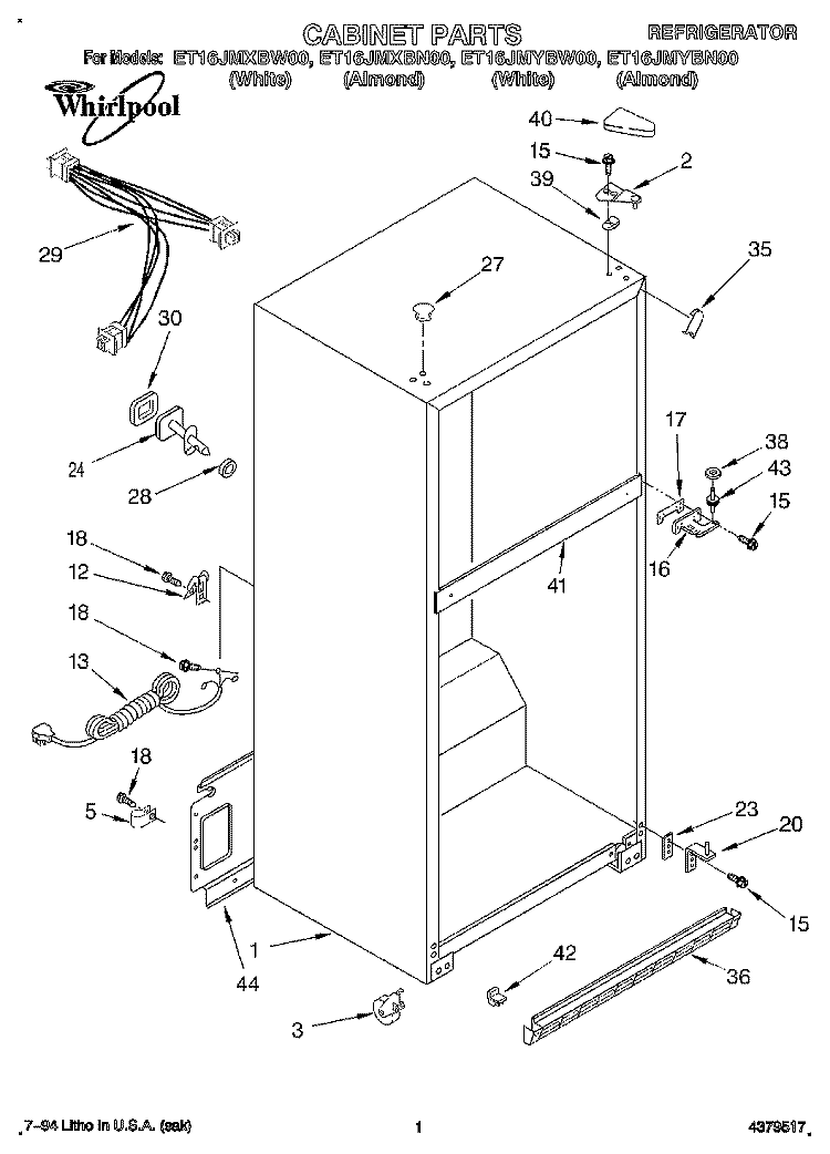 CABINET Diagram and Parts List for ET16JMXBN00  Whirlpool Refrigerator