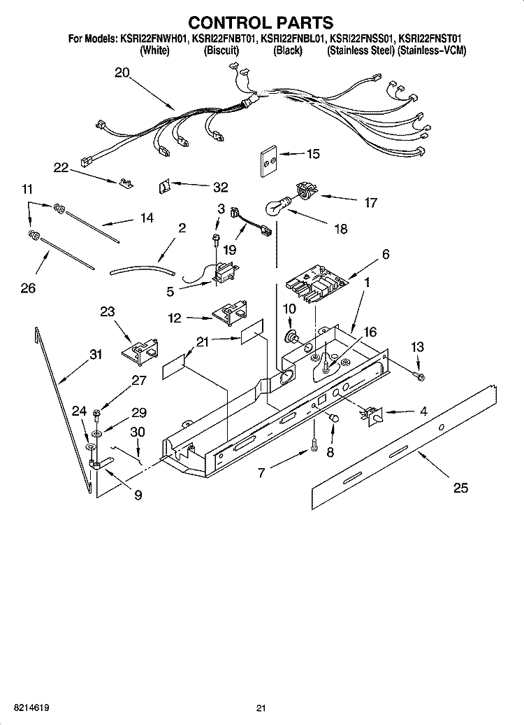 CONTROL PARTS, OPTIONAL PARTS Diagram and Parts List for KSRI22FNBL01  KitchenAid Refrigerator