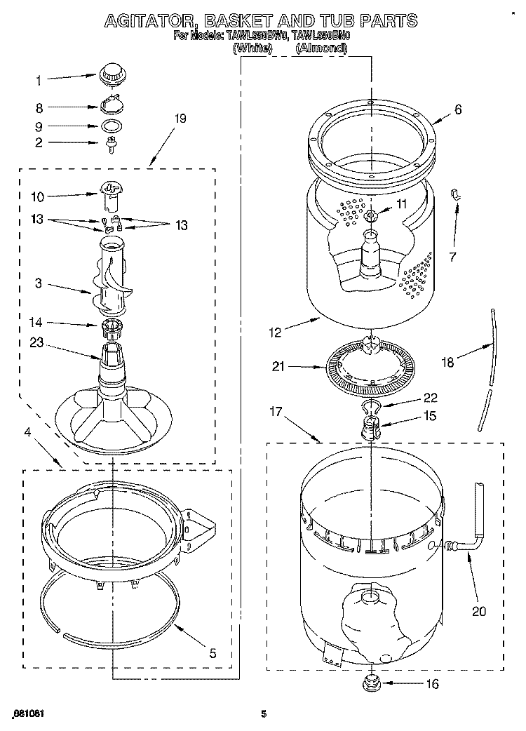 AGITATOR, BASKET AND TUB Diagram and Parts List for TAWL650BW0  Estate Washer