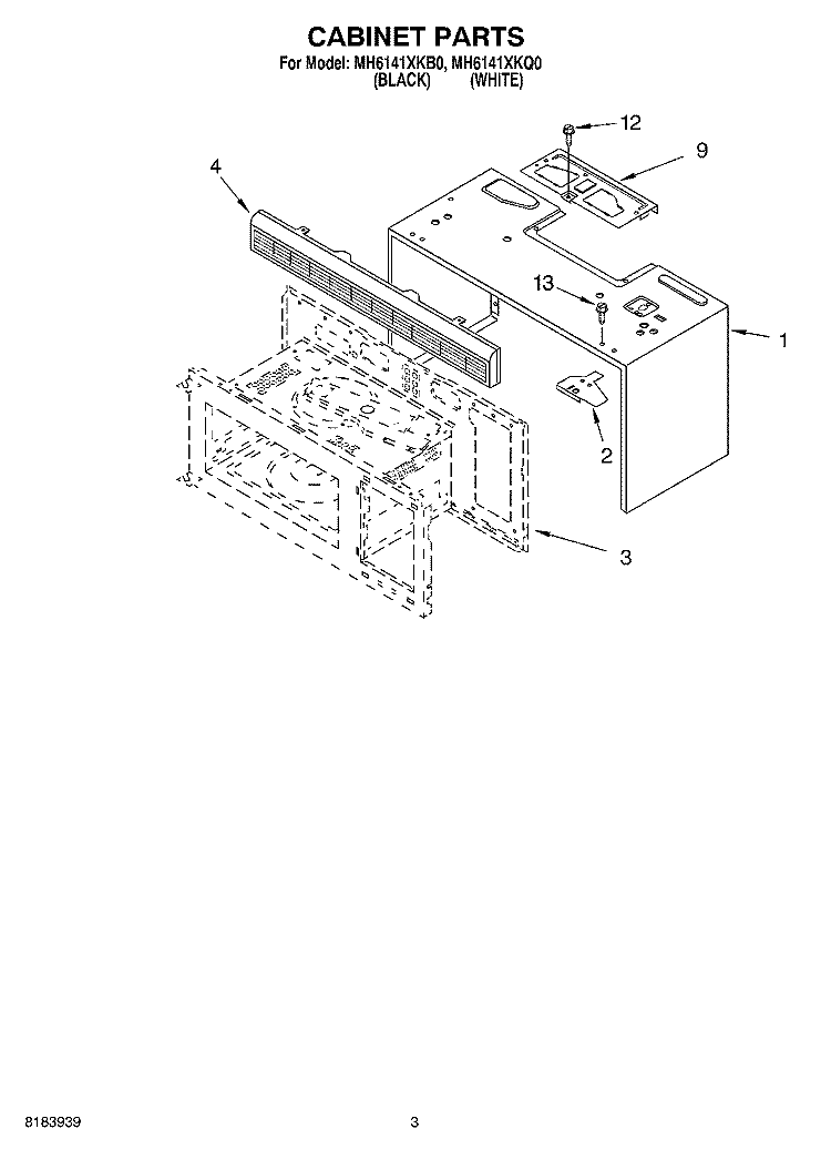 CABINET Diagram and Parts List for MH6141XKQ0  Whirlpool Microwave