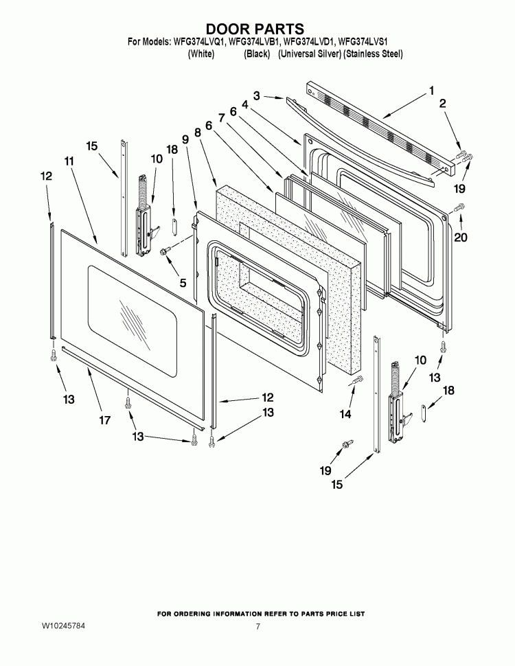DOOR PARTS Diagram and Parts List for WFG374LVD1  Whirlpool Range