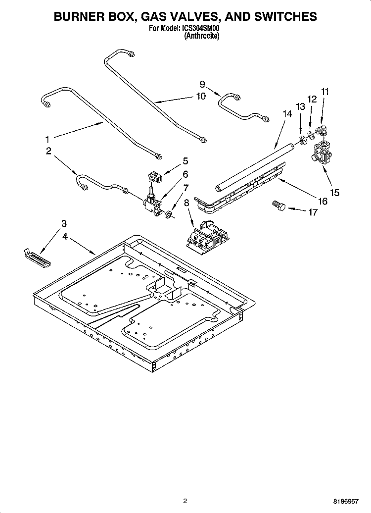 BURNER BOX, GAS VALVES, AND SWITCHES Diagram and Parts List for ICS304SM00  Whirlpool Cooktop