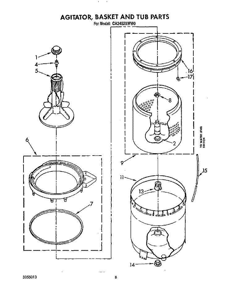 AGITATOR, BASKET AND TUB Diagram and Parts List for CA2452XWN0  Whirlpool Washer