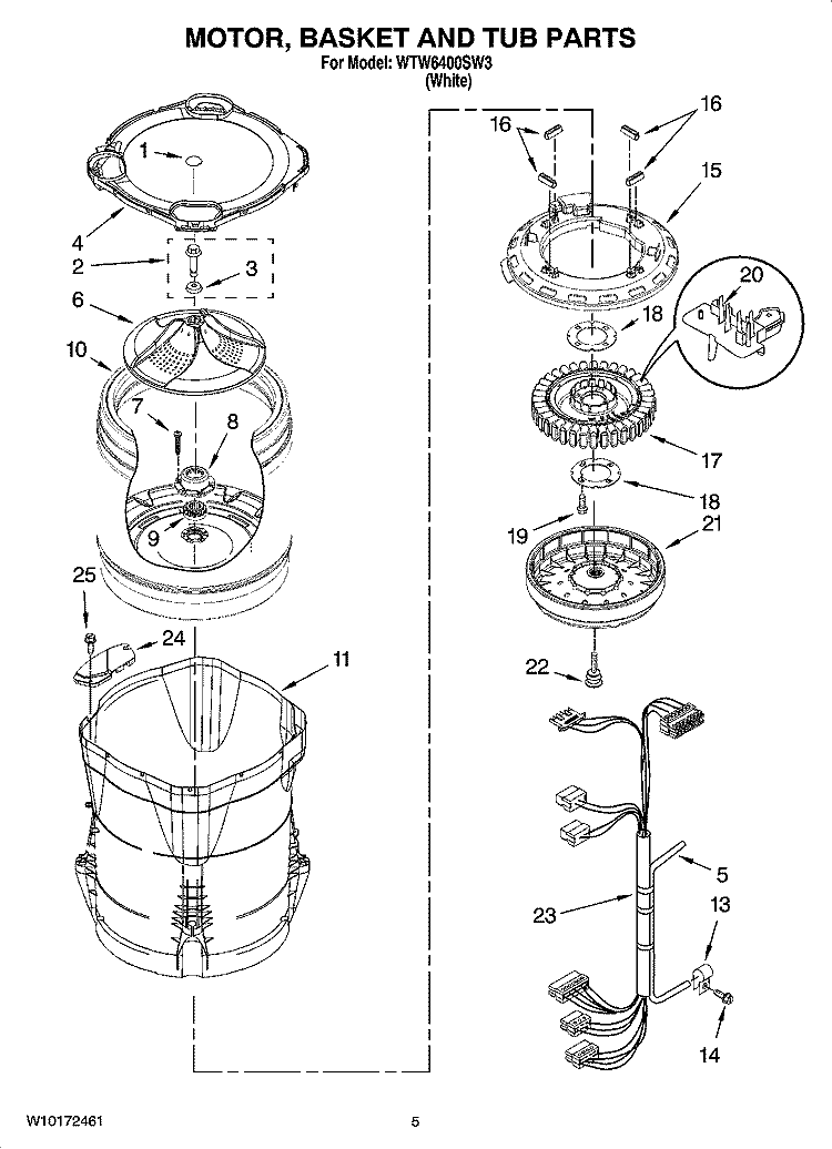 MOTOR, BASKET AND TUB PARTS Diagram and Parts List for WTW6400SW3  Whirlpool Washer