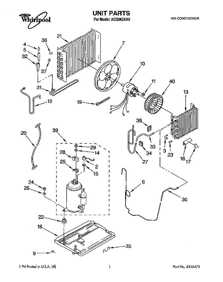 UNIT, LITERATURE Diagram and Parts List for ACQ062XA0  Whirlpool Air Conditioner