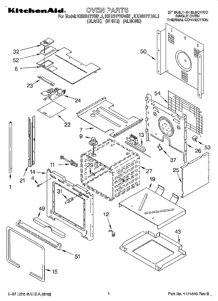 OVEN Diagram and Parts List for KEBS177DWH1  KitchenAid Wall Oven