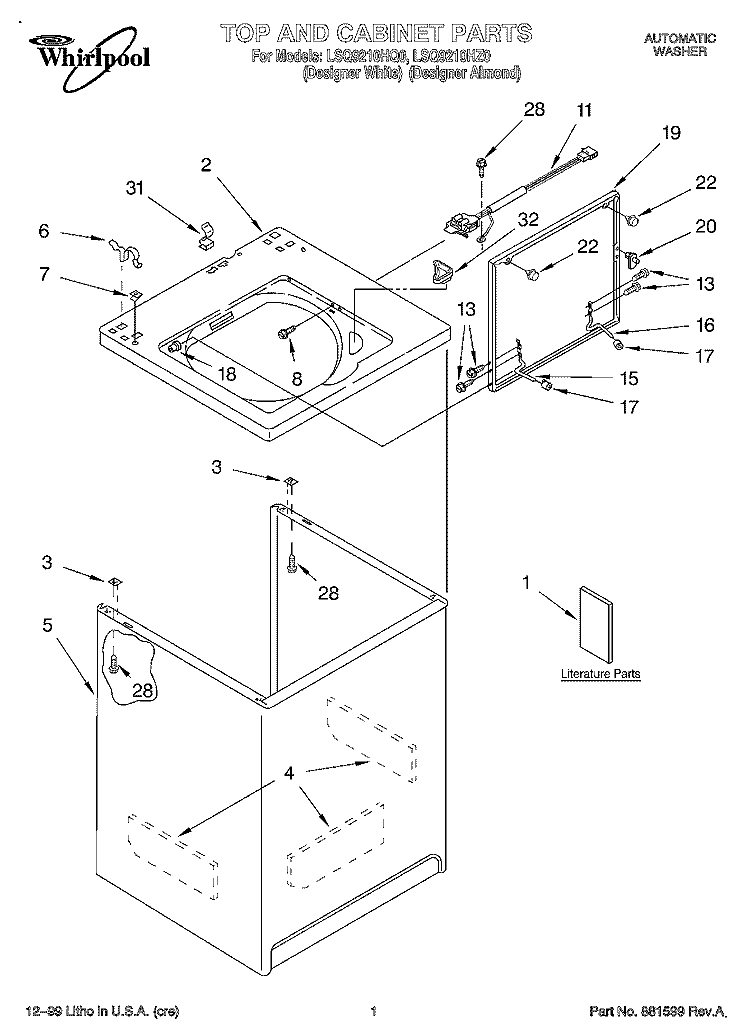 TOP AND CABINET, LITERATURE Diagram and Parts List for LSQ9210HZ0  Whirlpool Washer