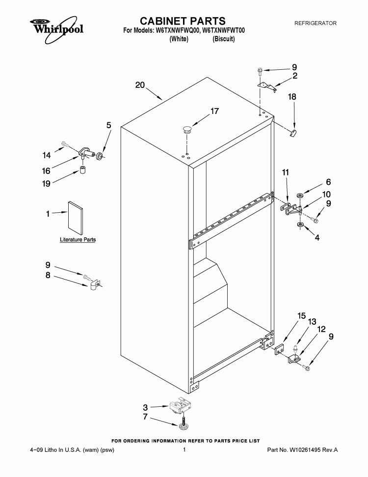 CABINET PARTS Diagram and Parts List for W6TXNWFWQ00  Whirlpool Refrigerator