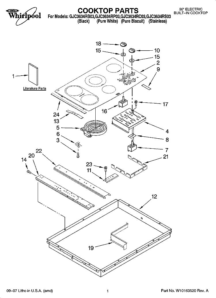 COOKTOP PARTS Diagram and Parts List for GJC3634RB03  Whirlpool Cooktop