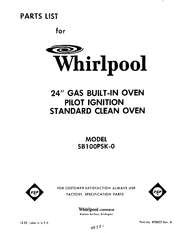 SECTION Diagram and Parts List for SB100PSK0  Whirlpool Wall Oven