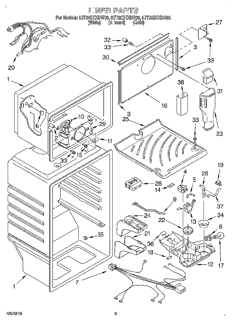 LINER Diagram and Parts List for 8ET20ZKXDG03  Whirlpool Refrigerator