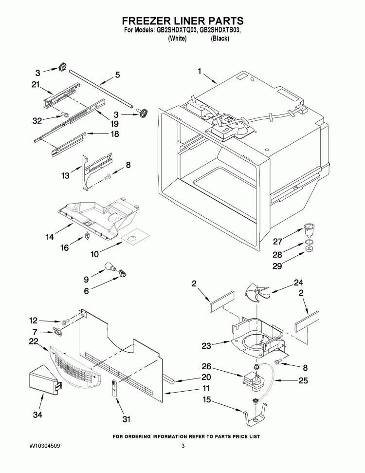 FREEZER LINER PARTS Diagram and Parts List for GB2SHDXTQ03  Whirlpool Refrigerator