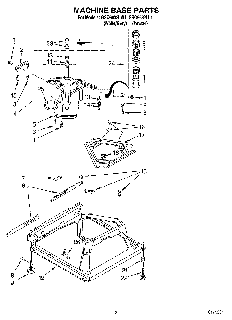 MACHINE BASE PARTS Diagram and Parts List for GSQ9632LL1  Whirlpool Washer