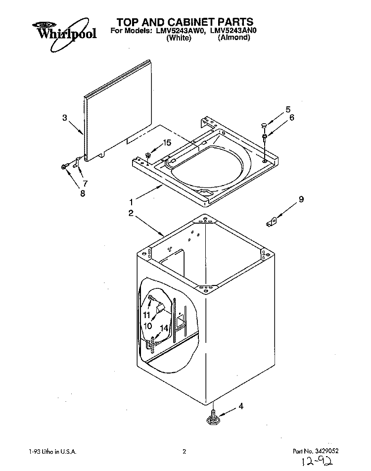 TOP AND CABINET, LIT/OPTIONAL Diagram and Parts List for LMV5243AN0  Whirlpool Washer
