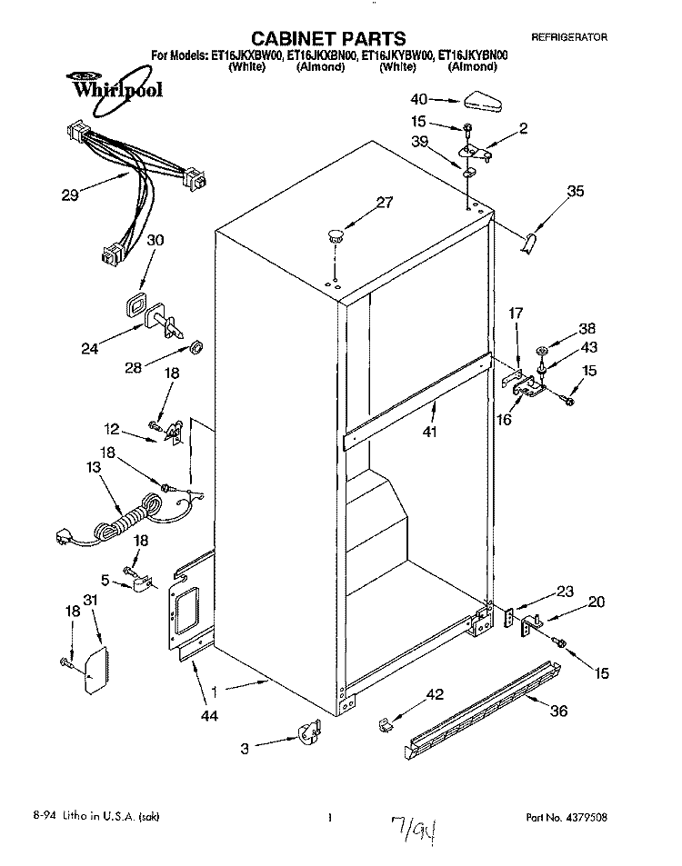 CABINET Diagram and Parts List for ET16JKXBW00  Whirlpool Refrigerator