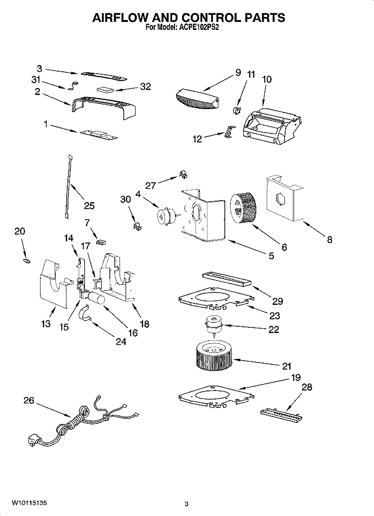 AIR FLOW AND CONTROL PARTS Diagram and Parts List for ACPE102PS2  Whirlpool Air Conditioner