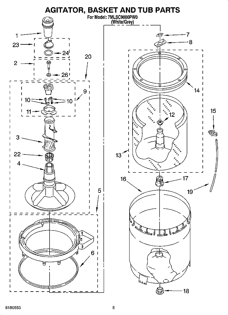 AGITATOR, BASKET AND TUB PARTS Diagram and Parts List for 7MLSC9000PW0  Whirlpool Washer