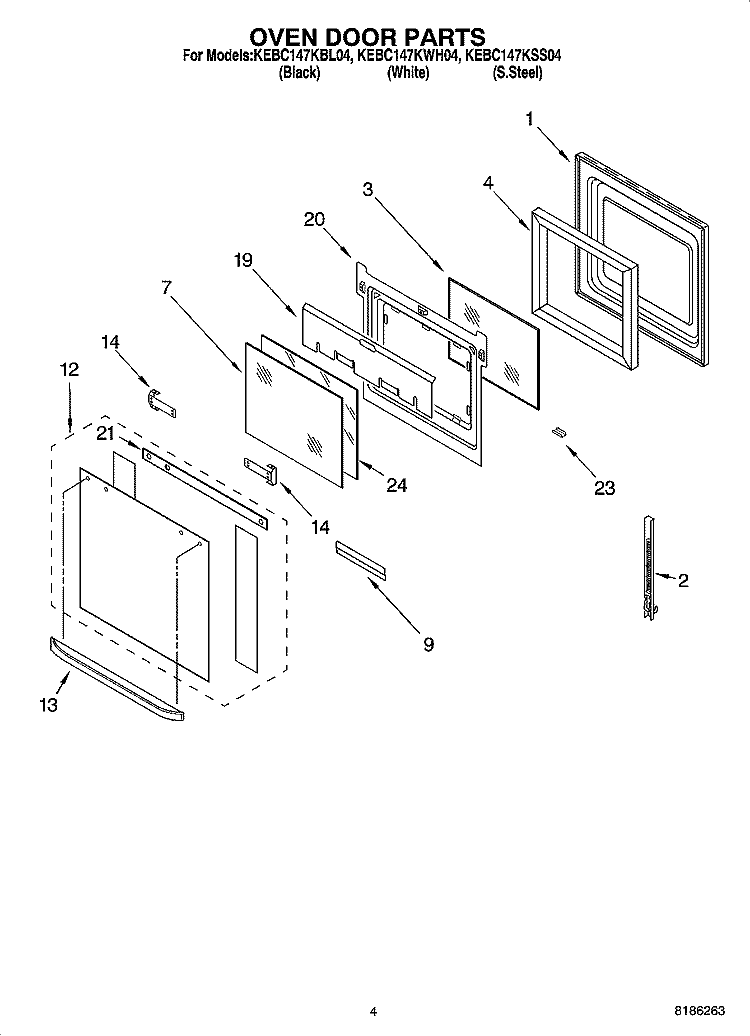 OVEN DOOR PARTS Diagram and Parts List for KEBC147KWH04  KitchenAid Range