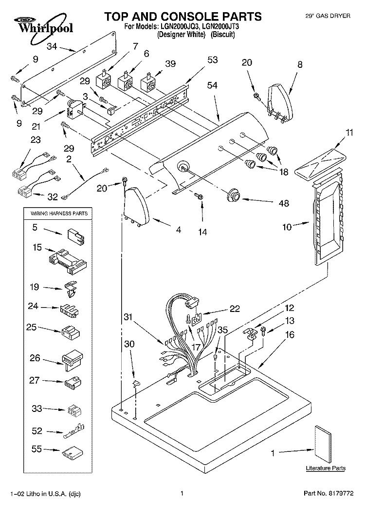 TOP AND CONSOLE, LITERATURE Diagram and Parts List for LGN2000JT3  Whirlpool Dryer