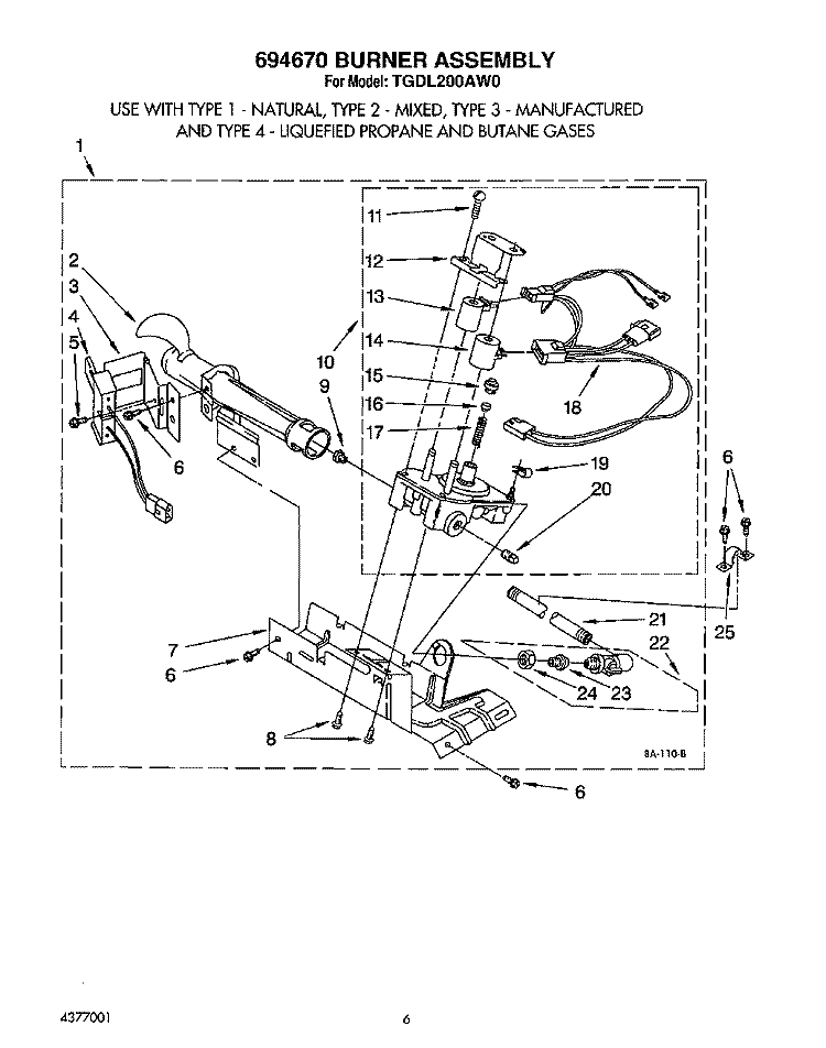 694670 BURNER ASSEMBLY Diagram and Parts List for TGDL200AW0  Whirlpool Dryer
