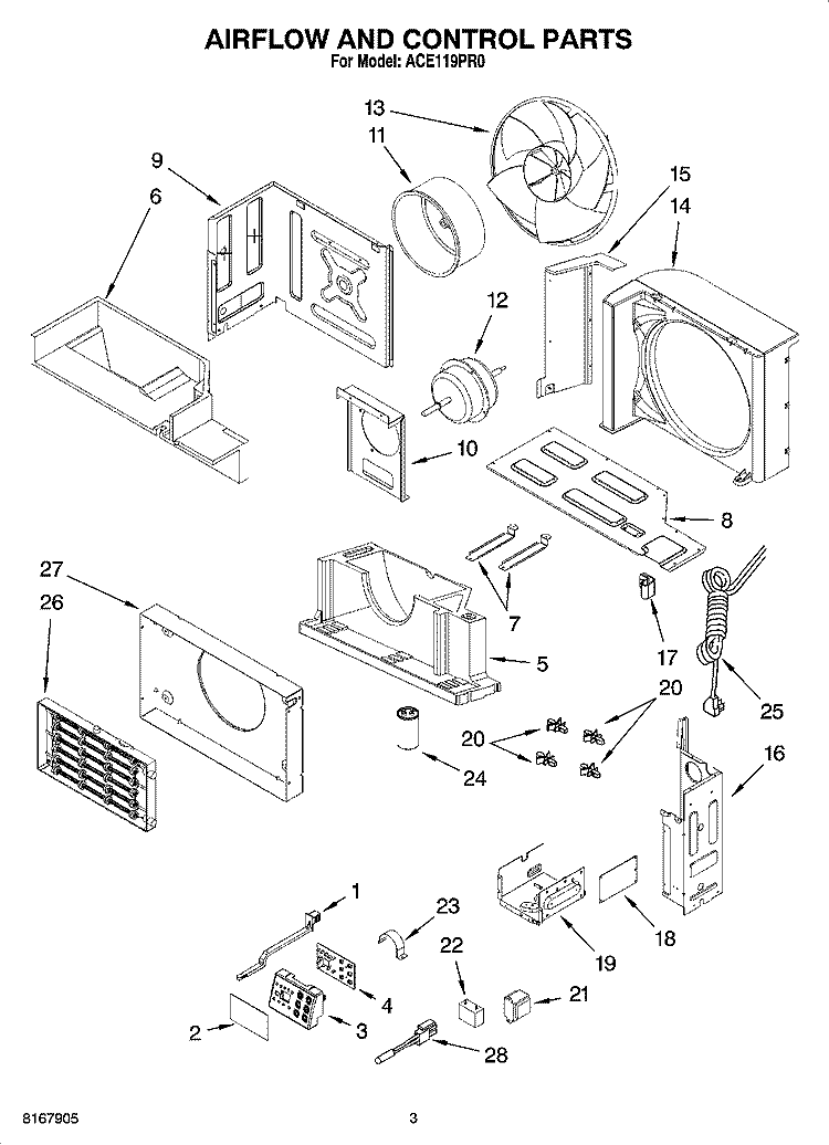 AIR FLOW AND CONTROL PARTS Diagram and Parts List for ACE119PR0  Whirlpool Air Conditioner