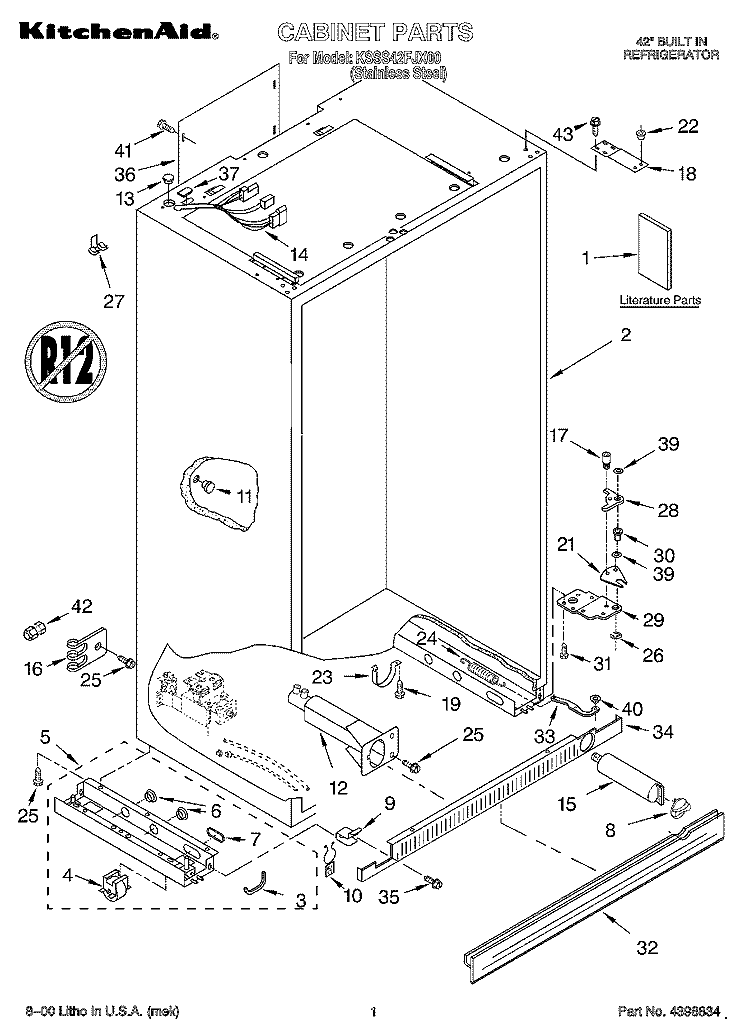 CABINET, LITERATURE Diagram and Parts List for KSSS42FJX00  KitchenAid Refrigerator