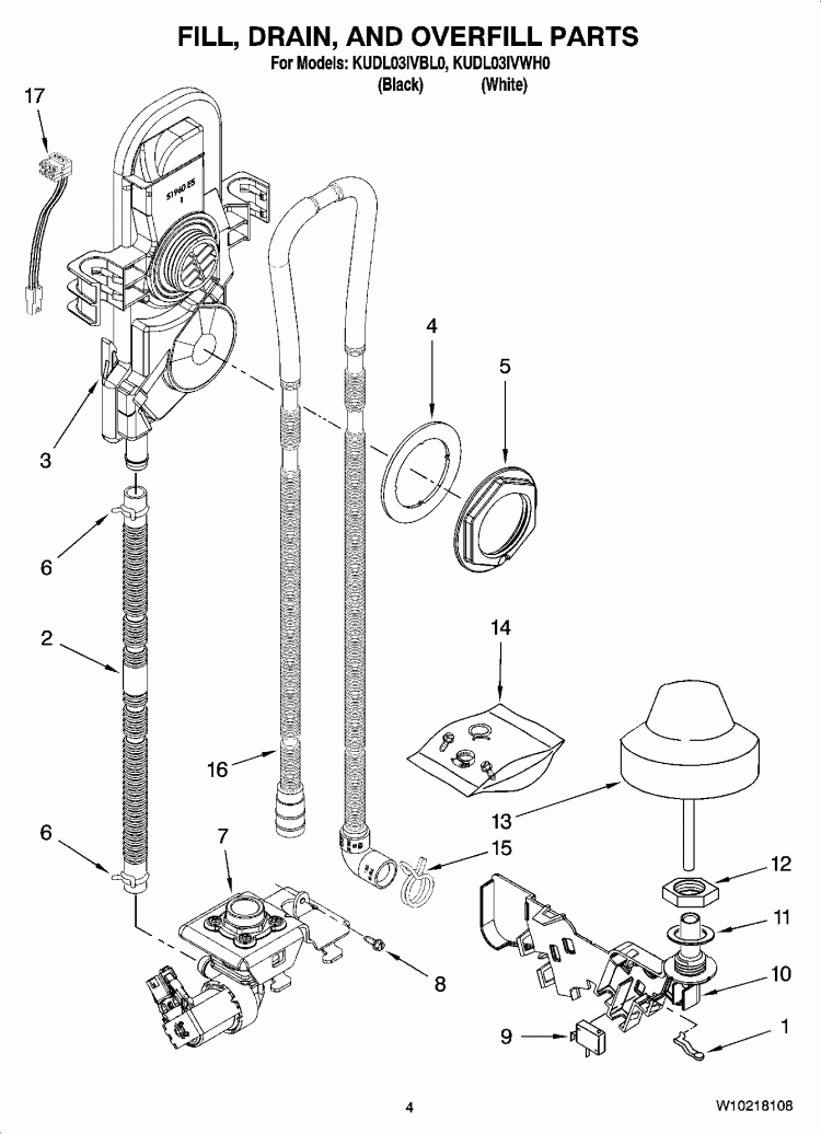 FILL, DRAIN, AND OVERFILL PARTS Diagram and Parts List for KUDL03IVBL0  KitchenAid Dishwasher