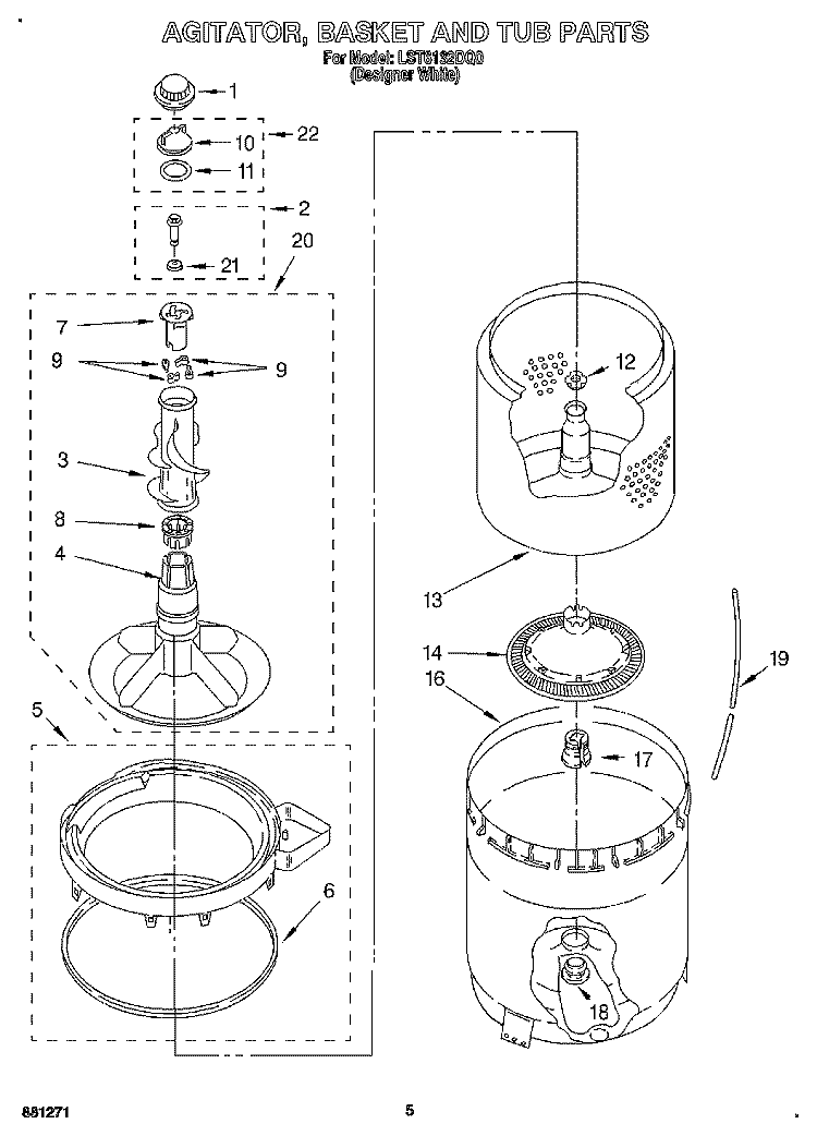 AGITATOR, BASKET AND TUB Diagram and Parts List for LST6132DQ0  Whirlpool Washer