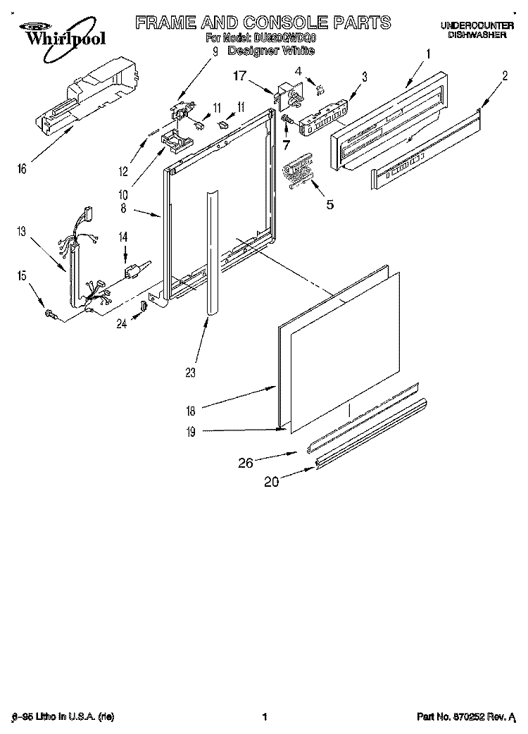 FRAME AND CONSOLE Diagram and Parts List for DU920QWDQ0  Whirlpool Dishwasher