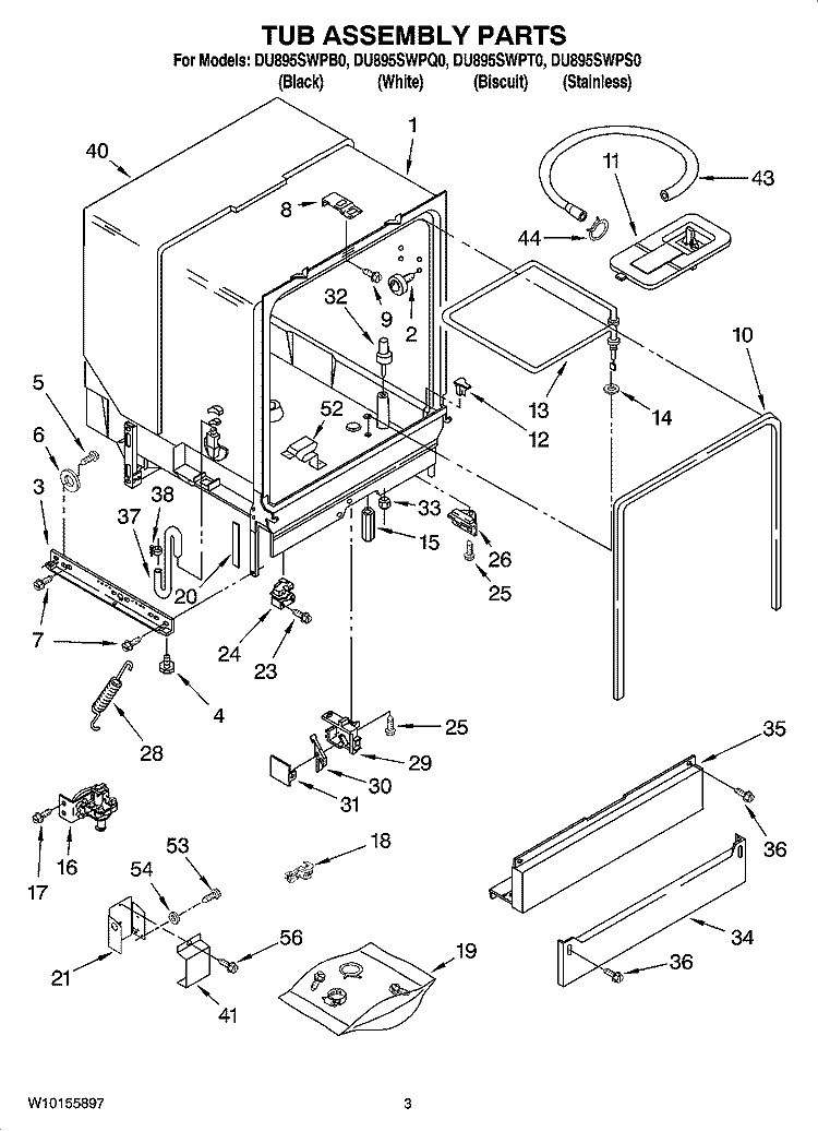 TUB ASSEMBLY PARTS Diagram and Parts List for DU895SWPQ0  Whirlpool Dishwasher